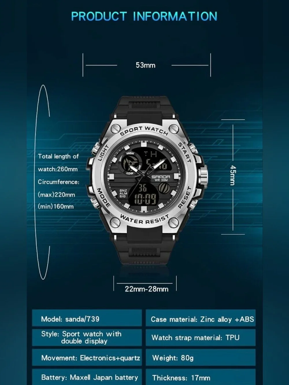 Men's Digital Sports Watch, LED Display,Shockproof, Military, Waterproof